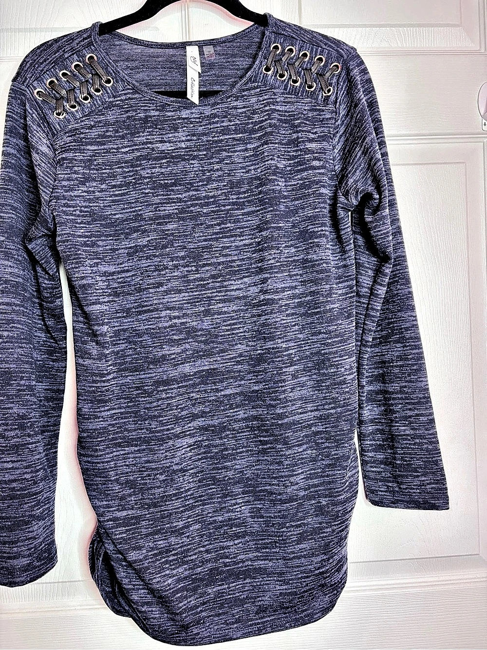 NY Collection Blue Marled Lace-Up Shoulder Long Sleeve Tunic Top M
